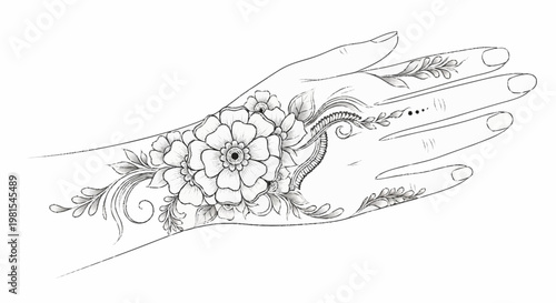 An artistic drawing of a hand adorned with floral patterns and alevidhanu designs on the palm and wrist.
