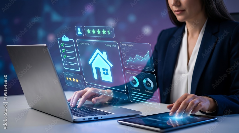 Fototapeta premium A businesswoman using a laptop and tablet with virtual home interface