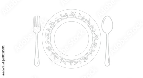 Elegant plate with holly design and utensils for festive dining setting
