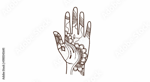 A beautiful hand adorned with intricate henna designs and jewelry on the palm is raised upwards with fingers spread apart.