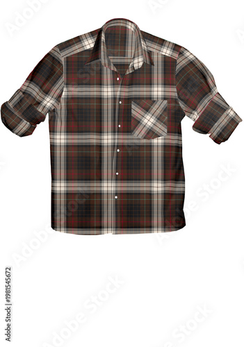Men's Brown and White Plaid Button-Down Shirt with Rolled Sleeves, Ghost Mannequin Mockup Isolated on White