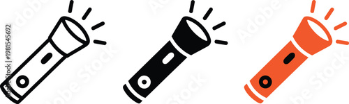 Set of three flashlight icons, line, solid, and color versions, isolated on transparent background