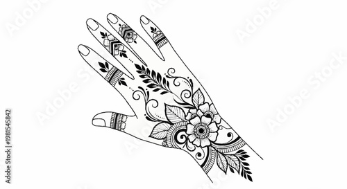A hand adorned with intricate henna designs and alevidhanu patterns on fingers