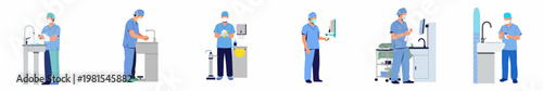 Vector set of medical professionals performing surgical hand scrubbing and hygiene procedures in a hospital setting, illustrating steps for hand washing and sanitizing.