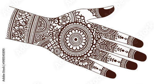 Intricately designed henna patterns adorn a woman's left alevidhanu hand