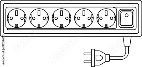 A detailed illustration of a power strip with five socket outlets and a plug