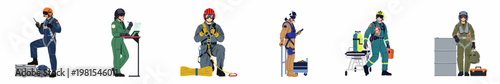 Flat Vector Illustration Set of Rescue and Aviation Personnel in Specialized Uniforms and Gear for Emergency and Logistics Tasks.