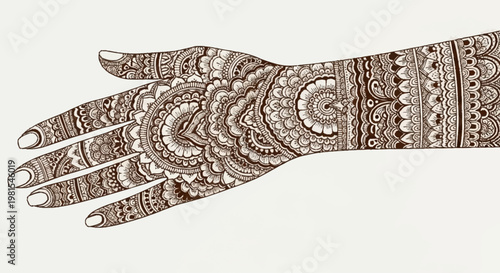 Intricate henna design on a woman's hand with alevidhanu patterns