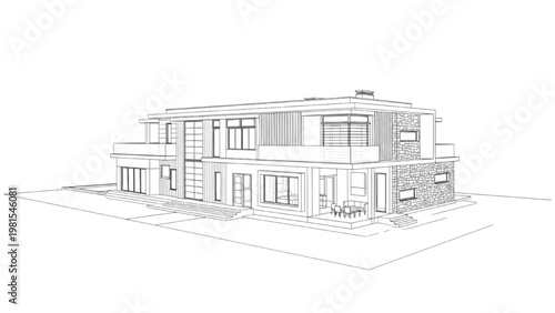 Modern Luxury House Architectural Line Drawing – Contemporary Villa Exterior Blueprint Minimal CAD Design