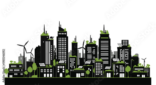 City skyline architecture incorporates green energy solutions and sustainable urban development features.
