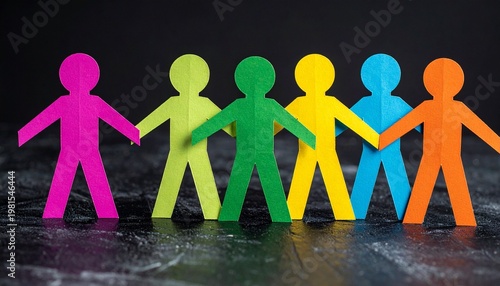 Paper cutout figures holding hands colorful unity diversity inclusion