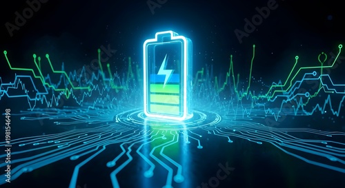 Digital battery icon with electric bolt and circuit board technology background electricity technology electric