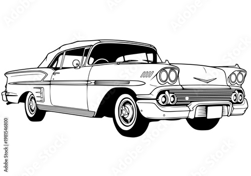 Fotografie Classic Vintage 1950s Convertible Car Illustration Retro American Automobile Lin