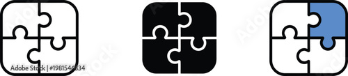 Set of three puzzle piece icons, line, solid, and color versions, isolated on transparent background