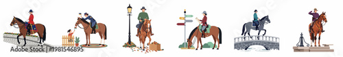 Set of Flat Vector Illustrations of Mounted Police Officers and Rangers in Uniform Performing Various Duties and Patrolling Different Environments