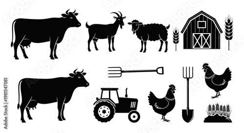Farm animals and tools black silhouette icons set with barn tractor