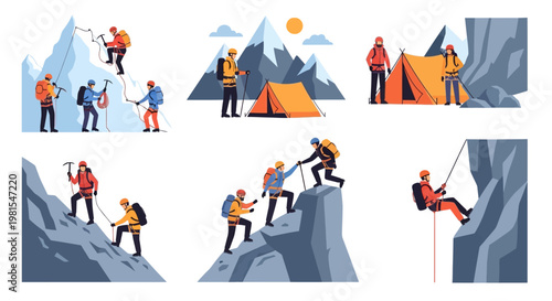 Mountain climbing adventure: climbers ascend peaks, camp, and rappel in scenic landscapes.