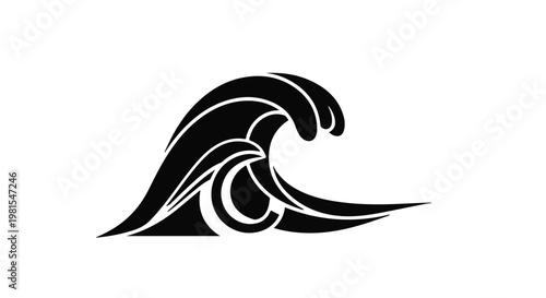 Ocean wave depicted as a stylized black graphic symbol represents the power and natural beauty of the sea.