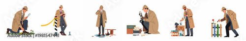 Set of illustrations showing a private detective investigating crime scenes, collecting evidence, taking notes, and searching for clues in various settings.