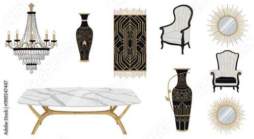 Luxury Art Deco Furniture and Decor Set: Chandelier, Vases, Chairs, Rug, Table, Mirrors