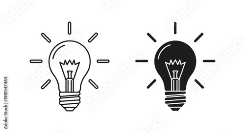 Minimalist light bulb icon set featuring outline and solid black designs symbolizing creative thinking, innovation, and bright ideas for business, education, and problem-solving.