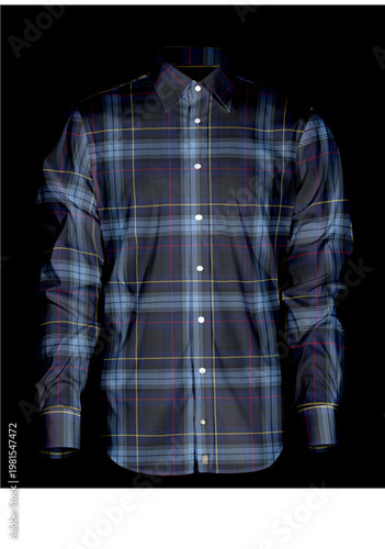 Long Sleeve Men's Navy and Blue Plaid Dress Shirt, Ghost Mannequin Style Isolated on Black Background