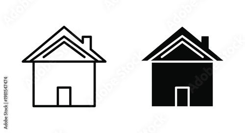 Set of minimalist house icons featuring outline and solid black silhouettes for real estate website navigation, mobile app UI design, and residential property marketing materials.