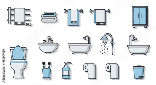 Modern Bathroom Icons Set: Toilet, Bathtub, Shower, Sink, Cabinet, Towels