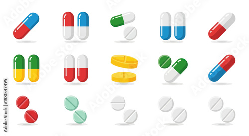 Various Colorful Medical Pills and Capsules Collection