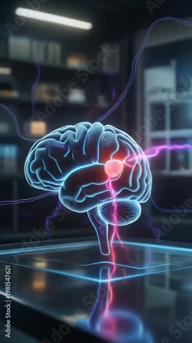 Brain with glowing neon lights in a dark laboratory
