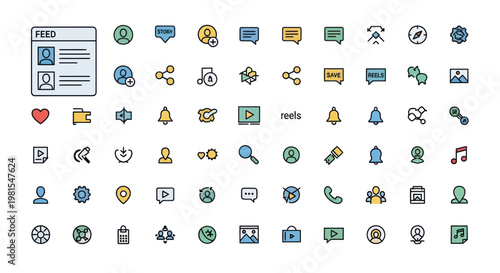 Social Media Icons Set: User Profiles, Chat, Notifications, Media, and More