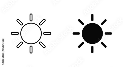 Minimalist sun icon set featuring outline and solid black versions, ideal for weather forecasting apps, brightness settings, and summer-themed user interface design.