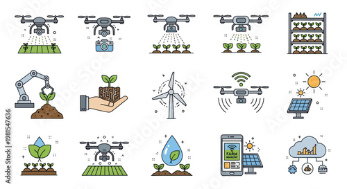 Smart Farming Icons Set: Drone, Robot, Wind Turbine, Solar Panel, App