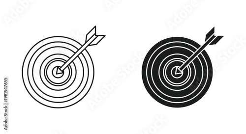 A set of minimalist target icons featuring arrows hitting the center bullseye to symbolize business success, strategic achievement, and reaching marketing objectives in outline and solid styles.