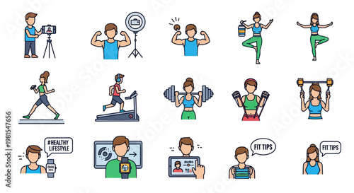 Fitness and Healthy Lifestyle Icons: Exercise, Workout, and Vlogging Set