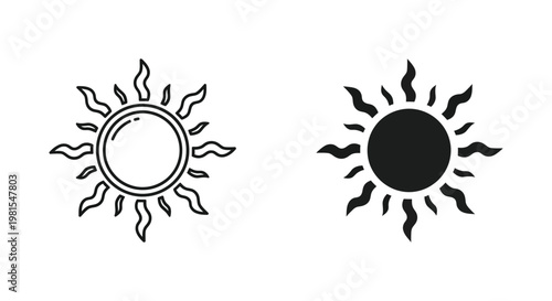 Minimalist sun icon set featuring linear and solid black silhouettes with wavy rays, perfect for summer weather forecasting, seasonal branding, and clean graphic design projects.