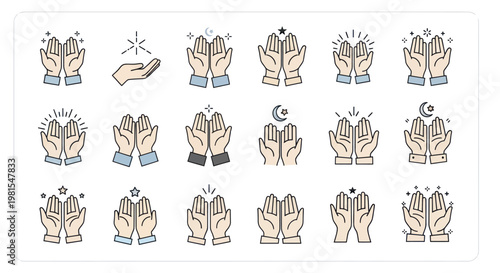 Praying Hands Icons Set: Faith, Hope, Worship, Dua, Blessings, Ramadan, Islamic Symbols