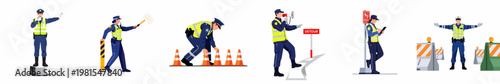 Collection of traffic police officers in uniform performing various duties such as directing traffic, using megaphones, and placing safety cones on white background.