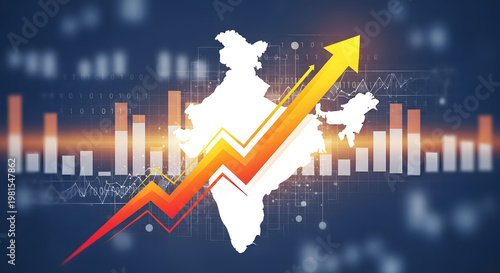 India map silhouette with a rising graph arrow showing economic growth and market improvement