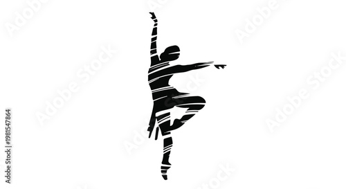 Ballerina silhouette displays a graceful dance pose with stylized motion lines on a white background.