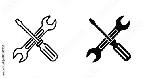 Minimalist crossed wrench and screwdriver icons in line and solid styles for automotive repair, home maintenance services, and DIY construction branding.