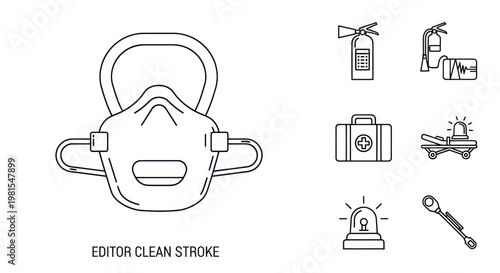 Emergency Service Icons: Respirator Mask, Fire Extinguisher, First Aid Kit, Ambulance