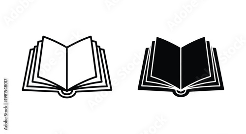 Minimalist open book icons in outline and solid black styles for educational platforms, digital libraries, and academic publishing projects seeking a clean and modern aesthetic.