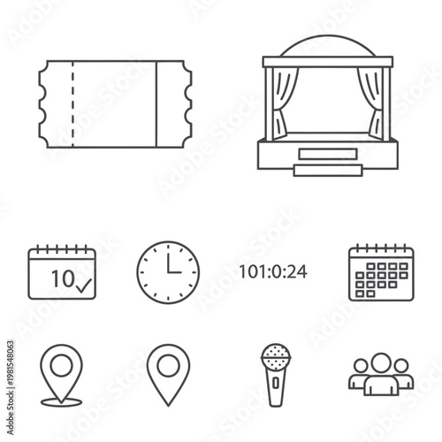 Event planning icons: ticket stage calendar
