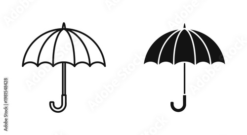 Minimalist umbrella icon set featuring outline and solid silhouette styles for weather forecasting, insurance protection, and rainy season design elements on a white background.