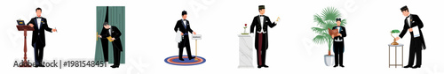 Set of professional hotel and restaurant staff illustrations featuring maître d', waiters, and attendants in formal attire performing various service duties.