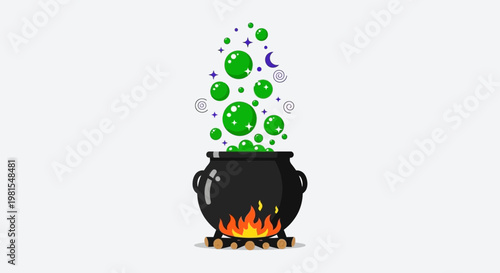 Bubbling Cauldron with Green Potion and Stars.