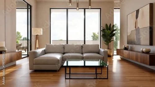 Modern living room interior with sofa and glass coffee table