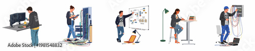Illustrations of diverse IT professionals working in various technical roles including software development, server maintenance, system architecture, and network engineering.