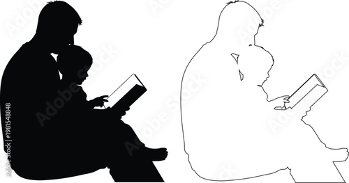 Parent reading book together with child silhouette art design
